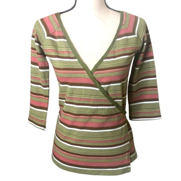 Zara Collection Green, Pink, White & Brown Striped Wrap Sweater Sz L Preppy - Picture 1 of 14